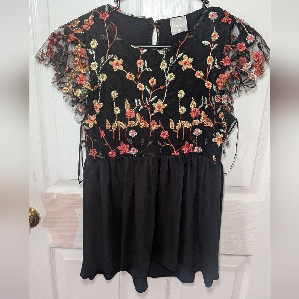 Paperco Sheer Embroidered Black Top with Floral Embroidery